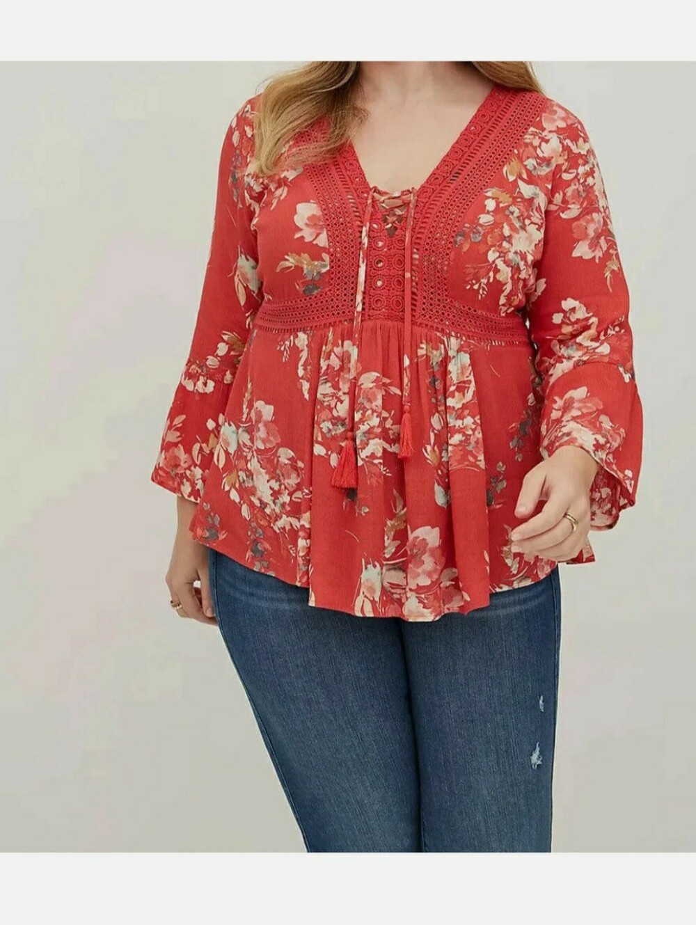 Torrid Red Floral Crinkle Gauze Crochet Trim Lace Up Babydoll Top 2X